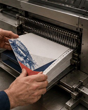 A piece being finished on the binding press