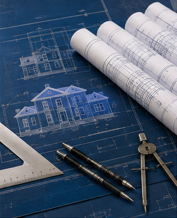 Rolled architectural blueprints and drafting tools