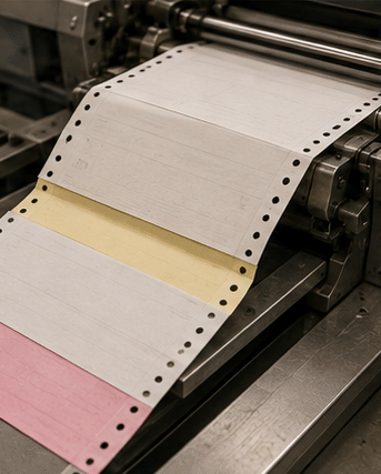 Continuous pin-fed forms feeding through a press
