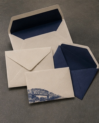 Kraft and navy envelopes with a printed bridge card