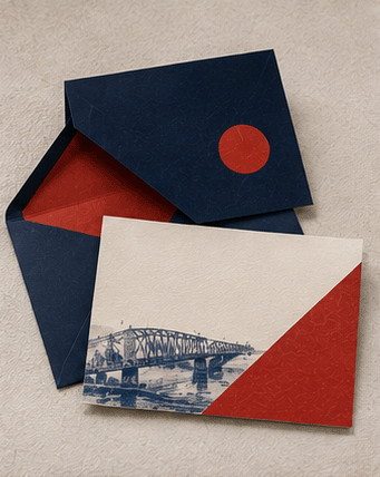 A navy and red invitation with matching envelope
