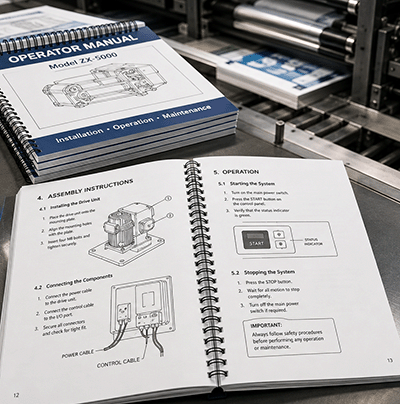 Spiral-bound operator manuals coming off the press