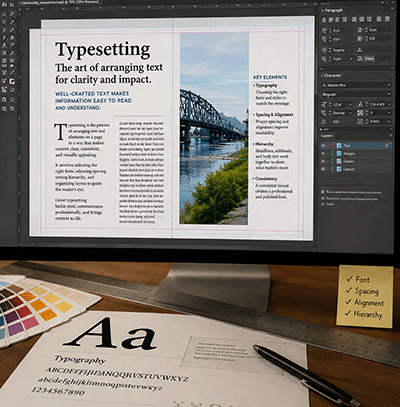 Typesetting layout work on screen with type specimens