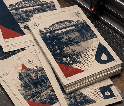 Stack of freshly printed cards on the press