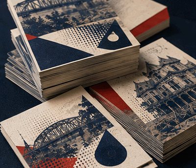 Stack of printed flyers with Albany bridge and house artwork