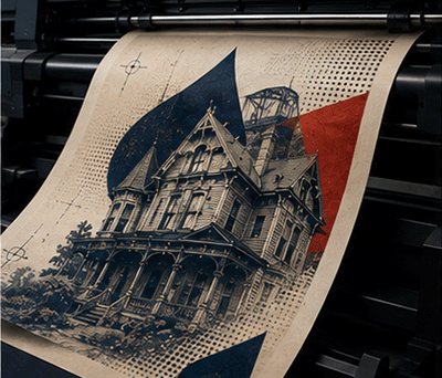 Large-format sheet rolling off the print press